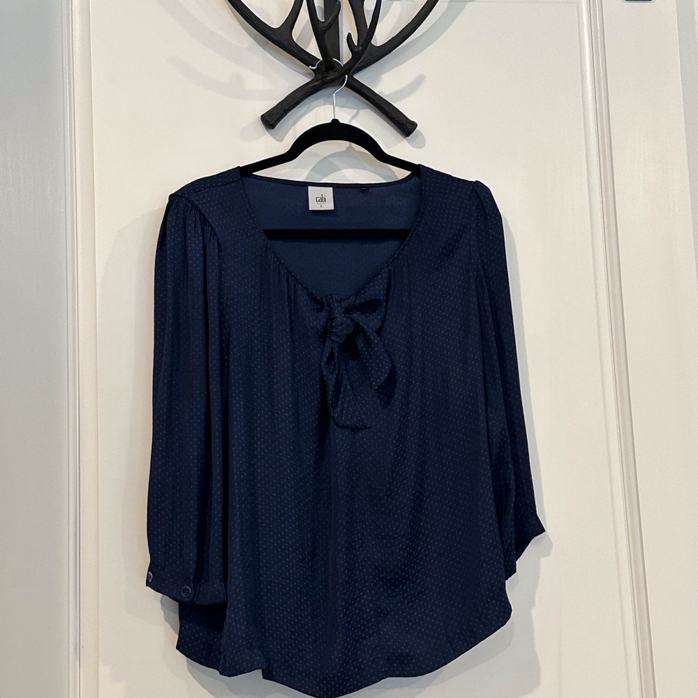 Cabi navy silk blouse with micro dots, size large with cute tie in front